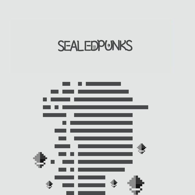 A pixelated graphic for "SEALEDPUNKS" featuring the project name at the top alongside abstract horizontal bars and small pixel-art orbs, visually promoting the NFT mint site mentioned in the post (sealedpunk.com/mint) and illustrating the wallet eligibility and raffle information.