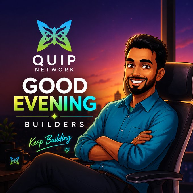 A digital illustration of a smiling bearded man in a blue shirt with crossed arms, alongside text reading 'QUIP NETWORK GOOD EVENING BUILDERS Keep Building' with a butterfly logo.