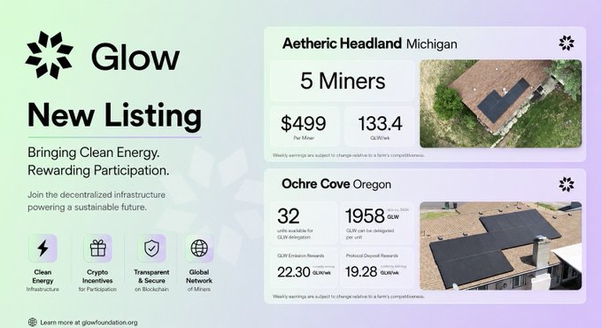 A 'Glow Foundation' promotional graphic advertising 'New Listing' solar mining projects: 'Aetheric Headland' in Michigan with 5 miners at $499, and 'Ochre Cove' in Oregon with 32 units offering GLMR rewards.