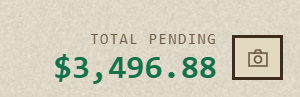 A beige graphic displaying "TOTAL PENDING $3,496.88" next to a small icon of a device or wallet.