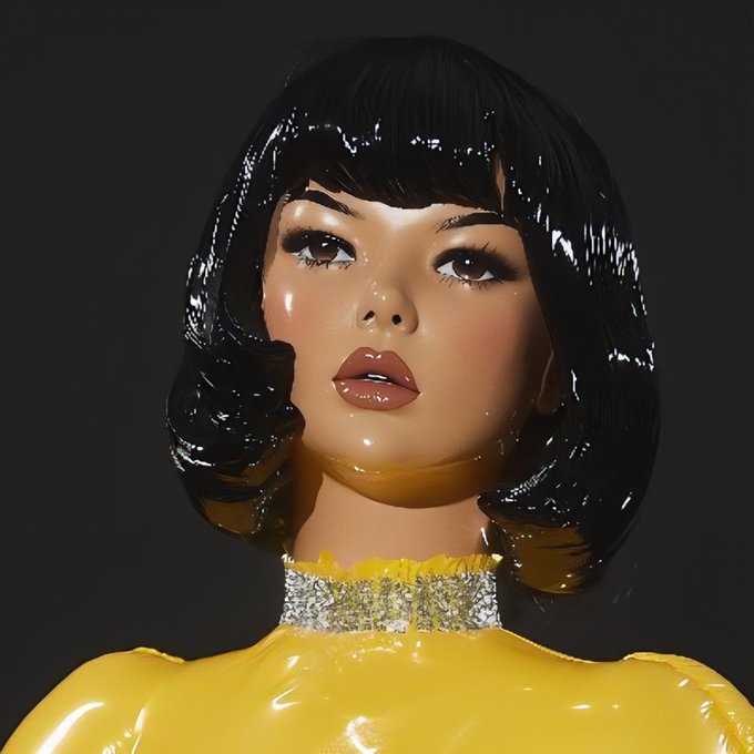 A stylized 3D-rendered portrait of a figure with a glossy black bob haircut, heavy eye makeup, glossy lips, a sparkly rhinestone choker, and a shiny yellow latex-like top.