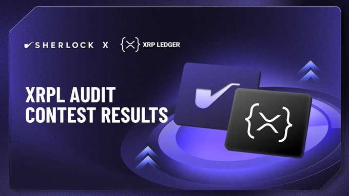 A promotional graphic for the XRPL Audit Contest results, featuring the Sherlock and XRP Ledger logos alongside the headline "XRPL AUDIT CONTEST RESULTS." The design uses a dark blue and purple color scheme with checkmark and code iconography, visually representing the security audit findings that uncovered 2 criticals, 6 highs, 29 mediums, and 59 lows across five XRPL functionality areas.