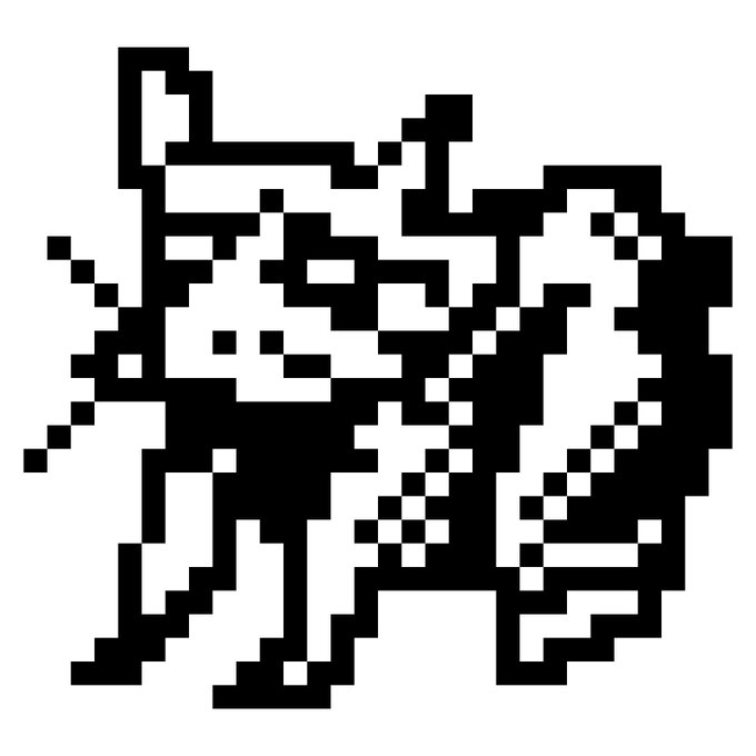 A black and white pixel art illustration of a cat-like creature or character with pointed ears.