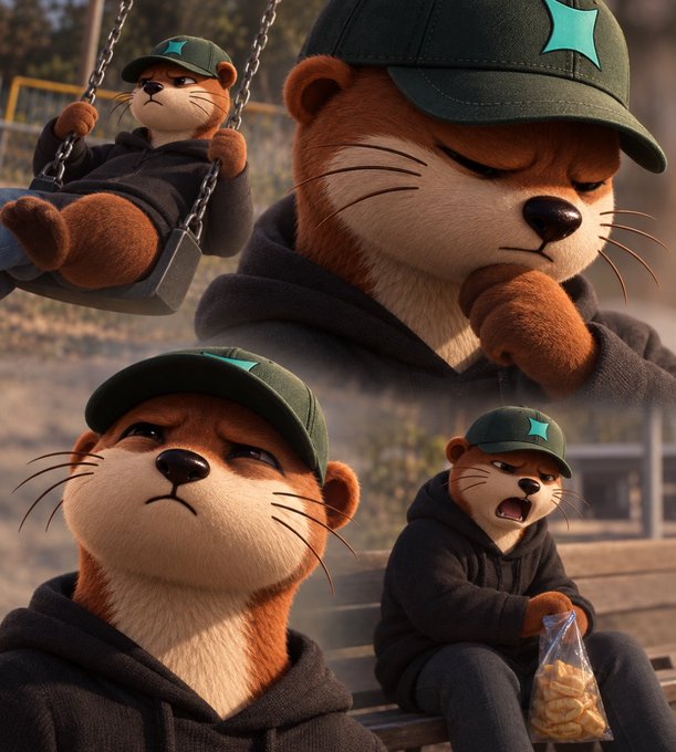 A collage of a 3D-rendered brown otter character wearing a green cap and hoodie, depicted in various melancholic scenes including swinging and holding a bag of snacks.