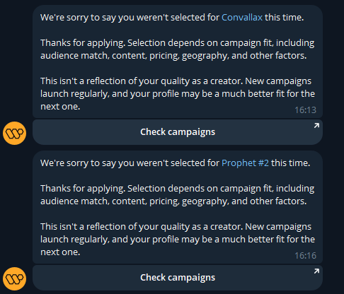 Two rejection messages on the Wirtualny platform for the Convallax and Prophet #2 campaigns, with each notification citing factors like audience match, content, pricing, and geography as reasons for non-selection, as referenced in the accompanying post about the campaign application process.