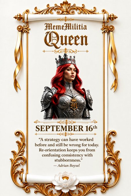 An ornate scroll banner features a red-haired warrior queen in silver armor wearing a crown, titled 'MemeMilitia Queen' for 'SEPTEMBER 16th', with a quote attributed to Adrian Boysel about strategy requiring re-orientation.