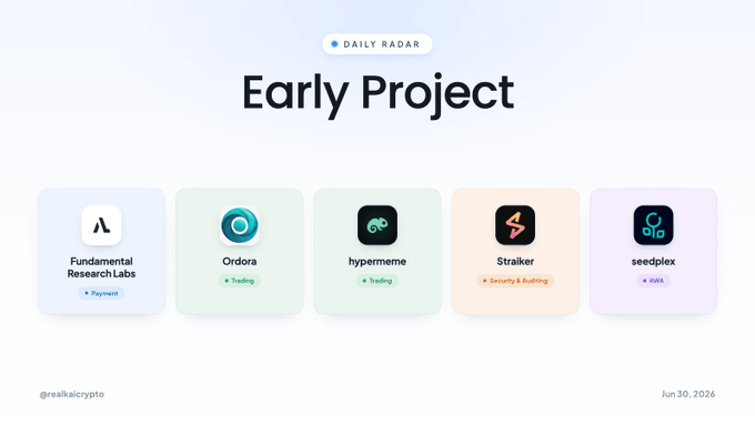 'Daily Radar' infographic highlighting 'Early Project' listings: Fundamental Research Labs (Payment), Ordora (Trading), hypermeme (Trading), Straiker (Security & Auditing), and seedplex (Data), dated June 30, 2026, credited to @realkalcrypto.