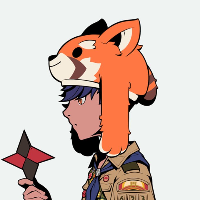 A stylized illustration shows a character in profile with dark hair and a beard, wearing a scout uniform and an oversized red panda hat, holding a red origami star.
