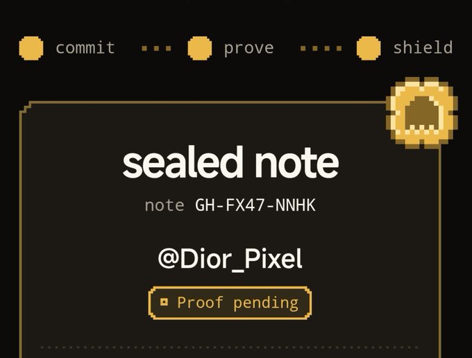 A dark interface showing a 'sealed note' with the identifier 'note GH-FX47-NNHK' credited to '@Dior_Pixel' and marked as 'Proof pending'.