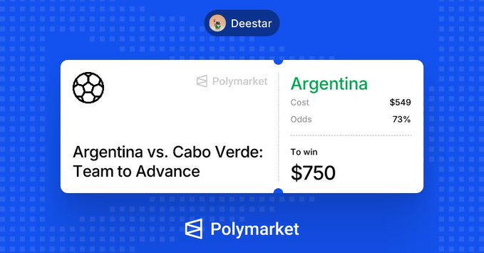 The image shows a Polymarket betting slip for "Argentina vs. Cabo Verde: Team to Advance," with a $549 cost on Argentina at 73% odds to win $750. The poster relates this to their betting experience, expressing frustration that despite Argentina being heavily favored, they lost their bet—suspecting match-fixing after Cabo Verde's seemingly scripted victory.