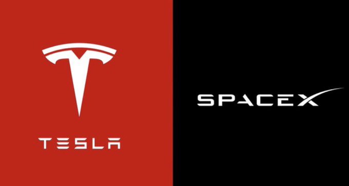 Side-by-side logos: Tesla on red background on the left and SpaceX on black background on the right.