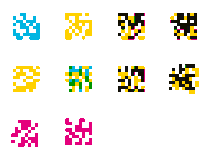 A grid of ten colorful pixel-art icons in blue, yellow, black, and pink.