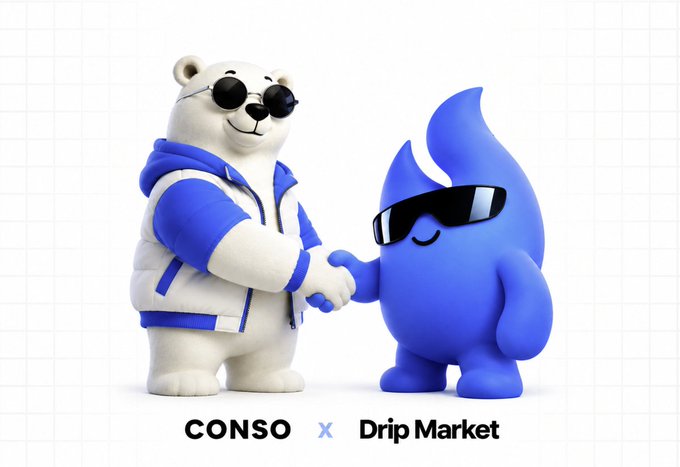 A promotional image showing a 3D-rendered white bear in sunglasses and blue jacket shaking hands with a blue flame-shaped character wearing black sunglasses, captioned 'CONSO X Drip Market'.