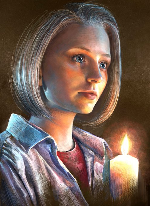 A digital painting depicting a young woman with short blonde hair in a striped shirt, illuminated by a candle she holds in a dark setting.