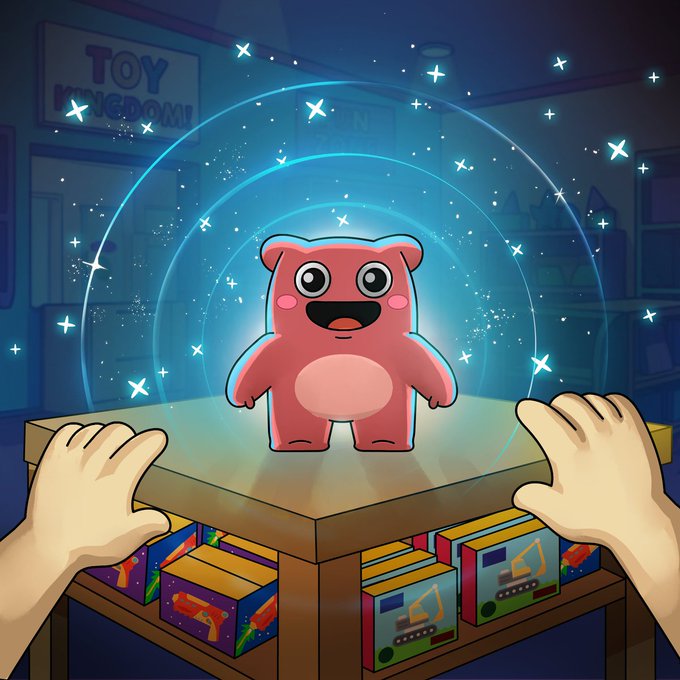 An illustration of two cartoon hands reaching toward a pink toy figure surrounded by glowing blue rings and sparkles in a toy kingdom store.