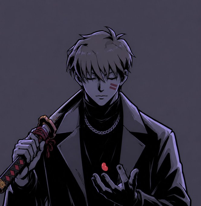The image is of a manga-styled man in a black tunic jacket holding a sword. The word "Azuki" is visible over his shirt's pectoral region. This character holds a sword and wears a red heart pendant, which likely represents Azuki's name from Japanese folklore about the red azuki bean, which is often associated with love. The color scheme and the fact that he is looking down also suggest a somber mood, perhaps in relation to the folklore of the red azuki bean.
