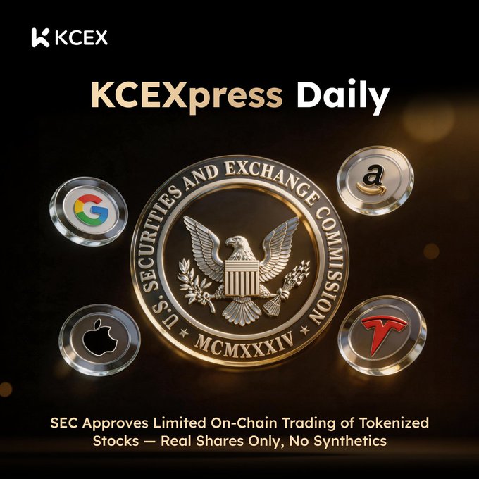 A graphic from 'KCEXpress Daily' by KCEX, featuring a gold U.S. Securities and Exchange Commission seal surrounded by tech company logos (Google, Apple, Amazon, Tesla), with text stating 'SEC Approves Limited On-Chain Trading of Tokenized Stocks — Real Shares Only, No Synthetics.'