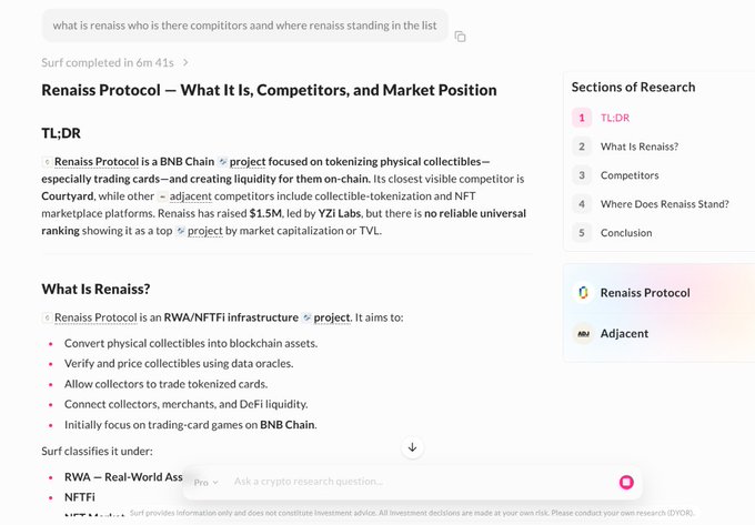 A screenshot of a Surf AI research report titled 'Renaiss Protocol — What It Is, Competitors, and Market Position,' showing a query about Renais, a BNB Chain project for tokenizing trading cards, mentioning a $1.5M raise led by YZI Labs and competitor Courtyard.