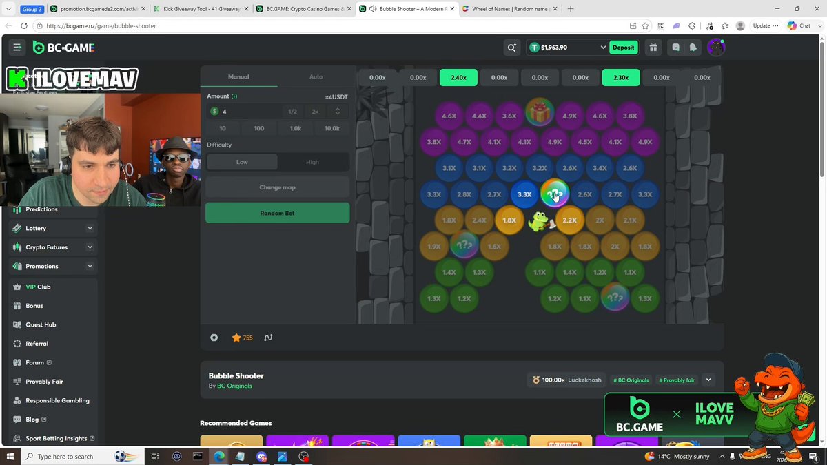 The image shows a computer screen displaying a game interface with a man's face visible at the top left corner, possibly participating or watching the game. The game appears to be a bubble sort puzzle game called Bubble Shooter. The game has a rating of 100x on the BC Game website and is exclusively available for purchase on the site.