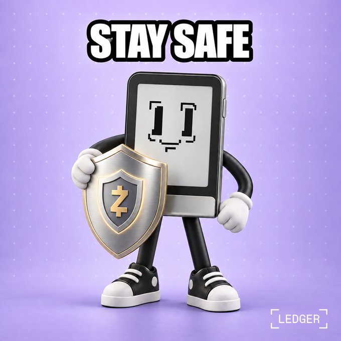 A cartoon Ledger hardware wallet character wearing sneakers holds a shield emblazoned with the Zcash (ZEC) logo against a purple background, with "STAY SAFE" displayed above and the Ledger logo in the corner—visually reinforcing the post's message about securely managing shielded Zcash transactions through a Ledger signer.