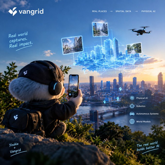 A promotional graphic for 'vangrid' featuring a koala character taking a photo of a city skyline, with the tagline 'Real world captures. Real impact.' and icons for Physical AI, Robotics, Autonomous Systems, and World Models.
