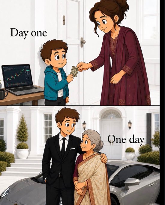 The image shows a two-panel illustration: in "Day one," a young boy gives his mother a small amount of money near a laptop displaying a stock chart, while in "One day," he stands beside her as a successful man in a suit, arm around her in front of a luxury car and mansion. The caption "Do it for mum." emphasizes the motivation behind his financial journey—starting small with humble sacrifices to one day provide a wealthy, comfortable life for his mother.