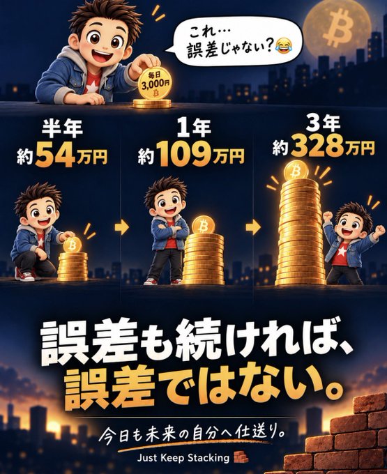 An anime-style illustration promoting Bitcoin savings with Japanese text reading 'これ… 誤差じゃない？😂' (Isn't this... not a mistake?), showing a character stacking 3,000 yen daily growing to approximately 54万円 (half year), 109万円 (1 year), and 328万円 (3 years), with the slogan '誤差も続ければ、誤差ではない。' (If mistakes continue, they are no longer mistakes) and 'Just Keep Stacking'.