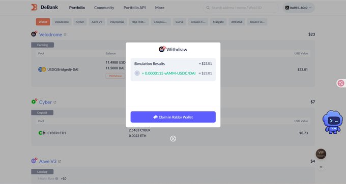 A screenshot of the DeBank Portfolio interface showing a withdrawal popup for vAMM-USDC/DAI with simulation results of +$23.01 and an option to 'Claim in Ruby Wallet', with Cyber and Aave V3 pools visible in the background.