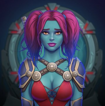 A digital illustration features a blue-skinned female character with pink and purple hair in pigtails, wearing armor with a red corset and skull emblems, set against a circular, glowing background.
