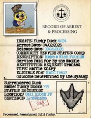 The image shows a "Record of Arrest & Processing" document themed around the $YUCKY token, listing charges like "INMATE: Yucky Duck" and "CHARGES: BITCONY MUGGERS, GRIEF & STINK, Service Fine for by the Wookie," with an accompanying illustration of a duck in a prison uniform above a chess rook logo and signature stamp from "Court Jester Stinky." It directly ties to the post's promotion of a community game called #YuckJail, where players can arrest ducks via DM and win prizes through NFT-related raffles and charity spins.