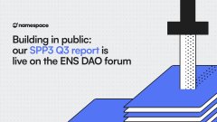 A graphic announcing 'Building in public: our SPPS Q3 report is live on the ENS DAO forum' with the namespacenink logo in the top left corner, featuring an illustration of a stack of books.