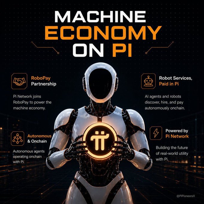 A promotional graphic for 'MACHINE ECONOMY ON PI' featuring a white robot holding a glowing Pi coin, highlighting a RoboPay Partnership, Robot Services Paid in Pi, and Autonomous & Onchain features, credited to @PiPioneersX.