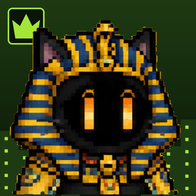 A pixel-art cat character styled as an Egyptian pharaoh with a blue and gold headdress and glowing orange eyes.