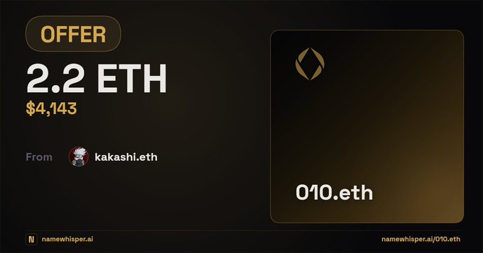 A screenshot showing an offer of 2.2 ETH ($4,143) from 'kakashi.eth' for the ENS domain '010.eth'.