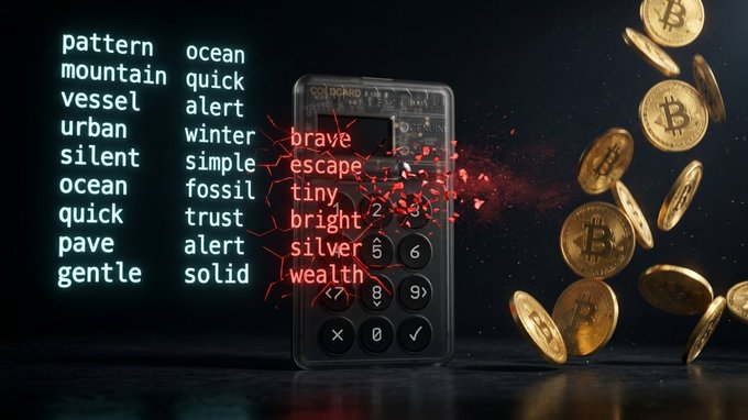 A conceptual image showing a hardware wallet device cracked open with red particles emanating from it, flanked by lists of seed words on the left and floating Bitcoin coins on the right.