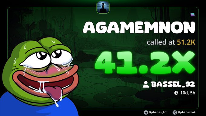 A Telegram-style notification graphic featuring a crying Pepe frog, showing "AGAMEMNON called at 51.2K" with "41.2x" in large green text, credited to Bassel_92.