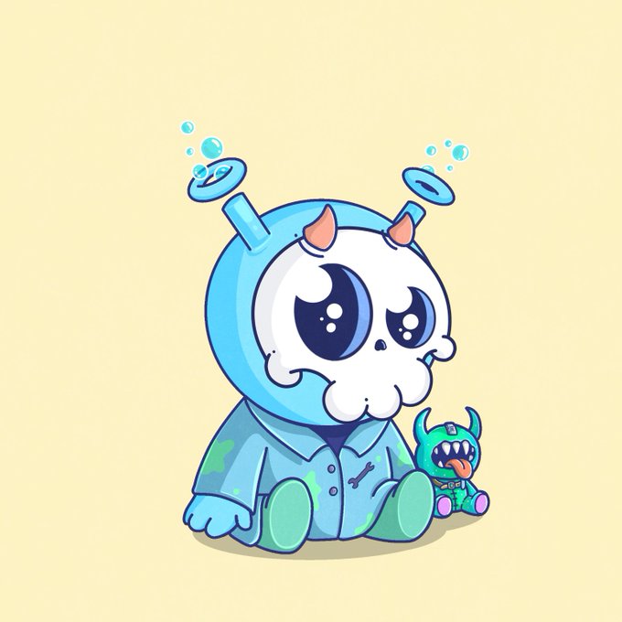 A cute cartoon character in a blue hooded onesie with little horns and bubbles floating around its antennae sits next to a small green monster plush toy.