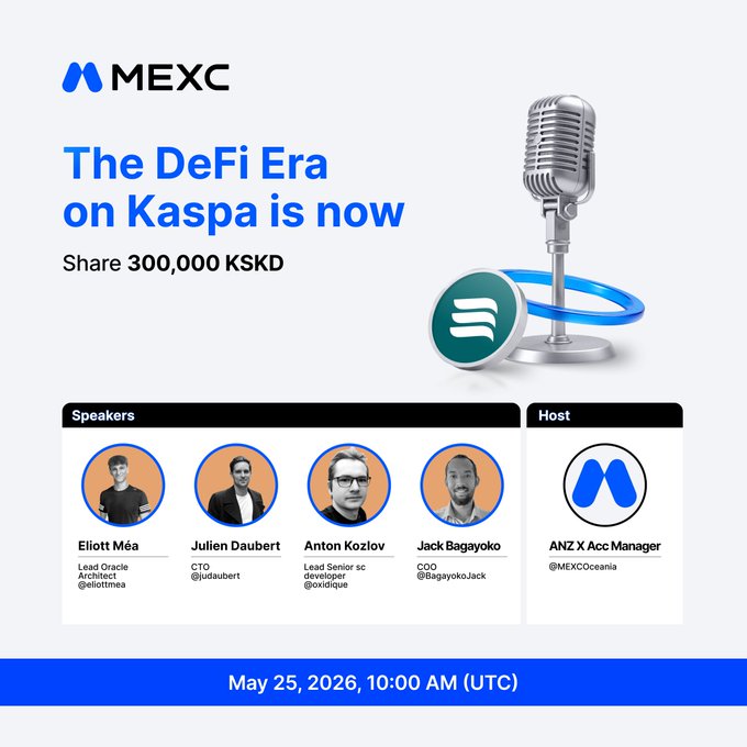 The image features a microphone with a speaker attached, along with a poster for an event related to DeFi lending. The poster displays a blue circle containing four men's names, each wearing glasses and holding microphones. The text on the poster indicates that the event is happening at 10:00 AM in a room called "MEXC Oceania AMA". The main focus of the image is the microphone with a speaker attached to it, which is placed near the center of the poster.