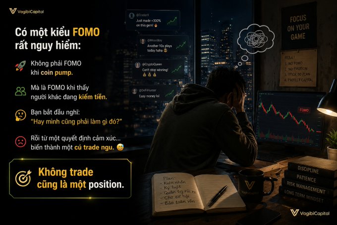 Vietnamese-language trading graphic from VagiCapital warning about dangerous FOMO in crypto, with the message 'Có một kiểu FOMO rất nguy hiểm' and 'Không trade cũng là một position' alongside an image of a stressed trader.