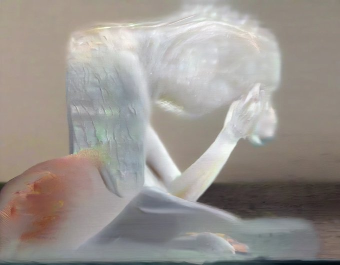 A highly distorted, blurry 3D render of a humanoid figure appearing to kneel or crouch, with a flesh-like texture visible on part of its form.