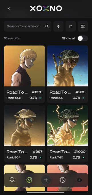Screenshot of the XOXNO NFT marketplace showing a grid of 'Road To...' ranked collectibles with prices in CRASH token, currently displaying 16 results.