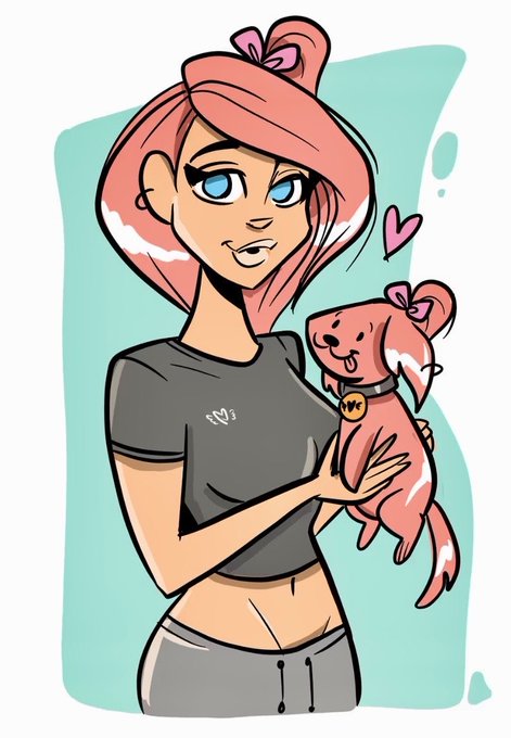 A cartoon illustration of a smiling woman with pink hair holding a small pink dog, with a pink heart floating nearby.