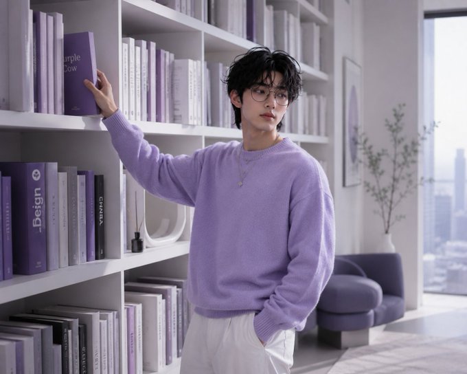 A young man with glasses and a purple sweater stands next to a bookshelf, holding a purple book titled "Purple Cow."
