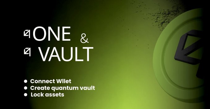 The image features a green background with white text that reads "4 One & Vault" at the top, followed by bullet points explaining the purpose of the vault service. The main focus of the image is a green circle with a black arrow pointing towards it, which serves as an icon for the vault service.