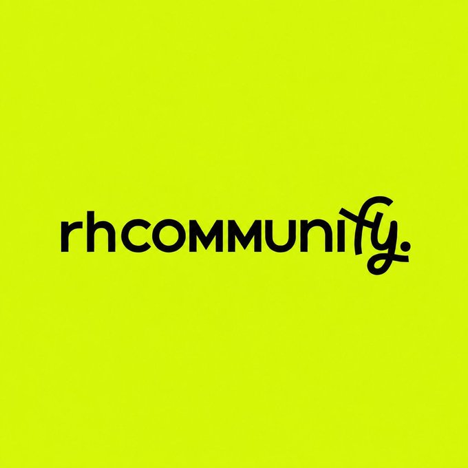 The image shows the "rhcommunify" logo in black lowercase text on a bright yellow-green background. The logo relates to the post as branding for the Robinhood community initiative that offers guaranteed OpenSea NFT mints to top holders from various Robinhood-related NFT collections and communities.