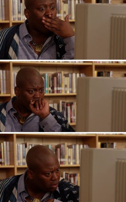A three-panel vertical composite of reaction images showing a bald man at a computer, displaying varying expressions of shock, anxiety, and disbelief in a library setting.
