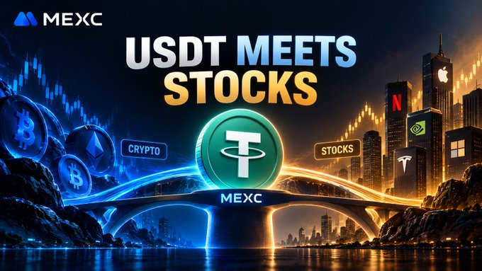 A MEXC promotional graphic titled 'USDT MEETS STOCKS' showing cryptocurrency coins on the left and stock-related building logos on the right, connected by a bridge over water.