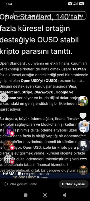 The image shows a Turkish-language news article on a smartphone about "Open Standard," which has launched the OUSD stablecoin (Open USD) supported by 140+ global institutions including Visa, Mastercard, Stripe, BlackRock, Google, and JP Morgan. The post relates to this by drawing parallels to how Pi Network builds its own interconnected web of users and partnerships, noting that the timing of major institutional crypto developments signals growing awareness across platforms like TikTok.