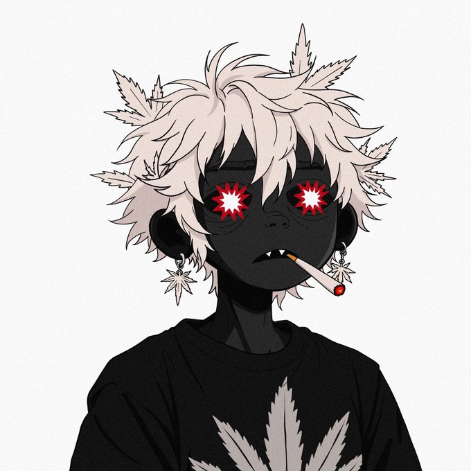 An anime-style illustration of a character with dark skin, spiky white hair interwoven with cannabis leaves, glowing red starburst eyes, fangs, a cigarette in their mouth, and a black shirt featuring a cannabis leaf design.