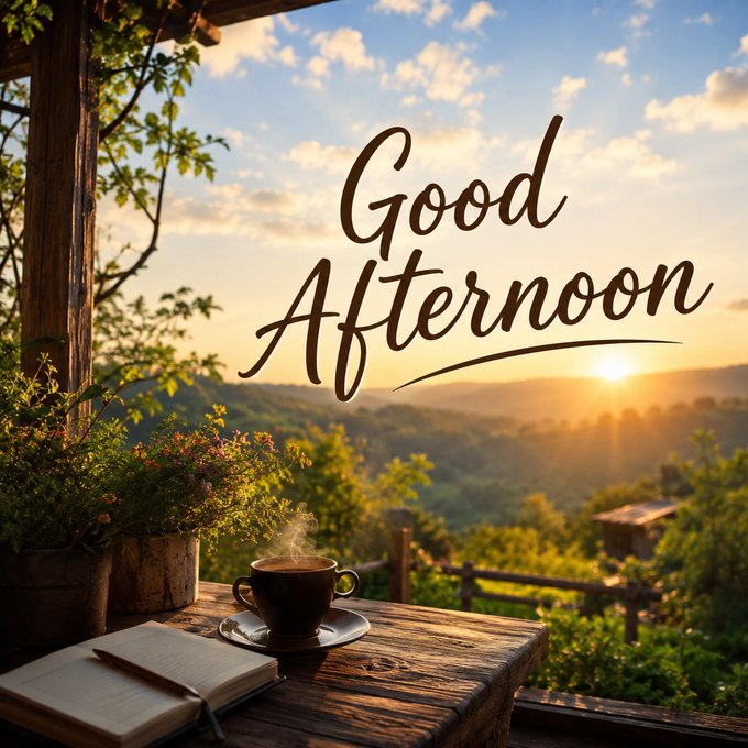 A scenic greeting image featuring the text 'Good Afternoon' over a background of a steaming coffee cup, an open book, and a sunset view over rolling hills.